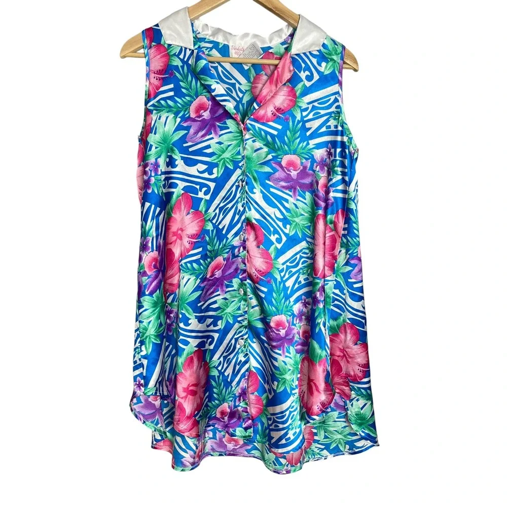 Vintage‎ Floral Blouse Satin Tropical Button-Up Sleeveless Size Small Blue Pink